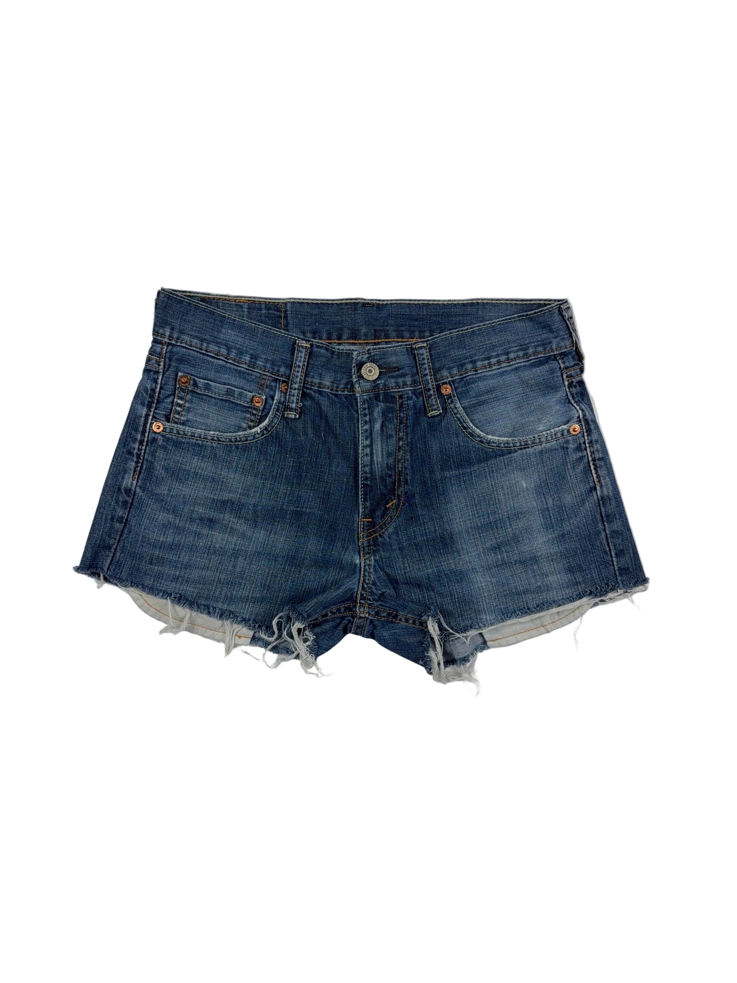 Pair of blue denim shorts with frayed edges on a white background