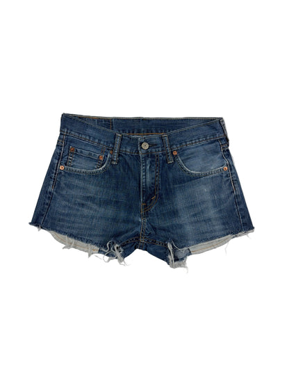 Pair of blue denim shorts with frayed edges on a white background